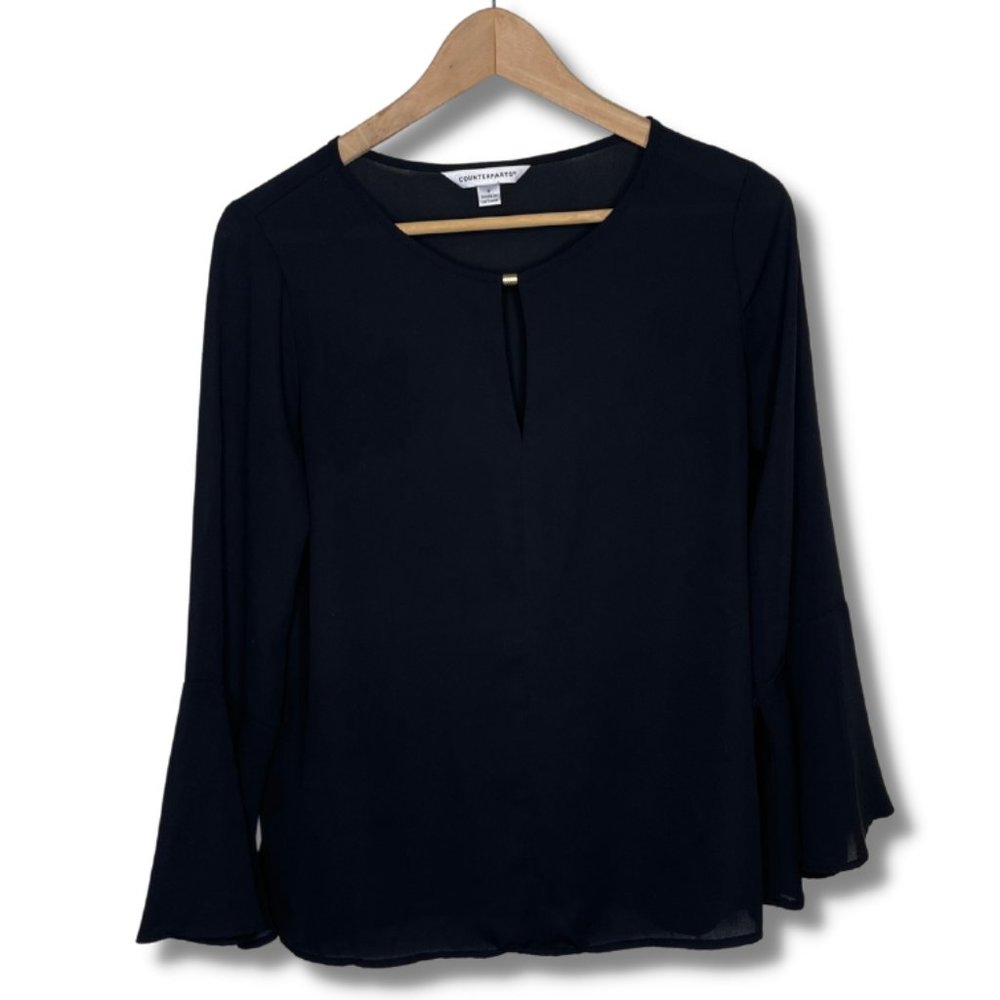 Counterparts Small Black Keyhole Flare Long Sleeve Flowy Chiffon Blouse